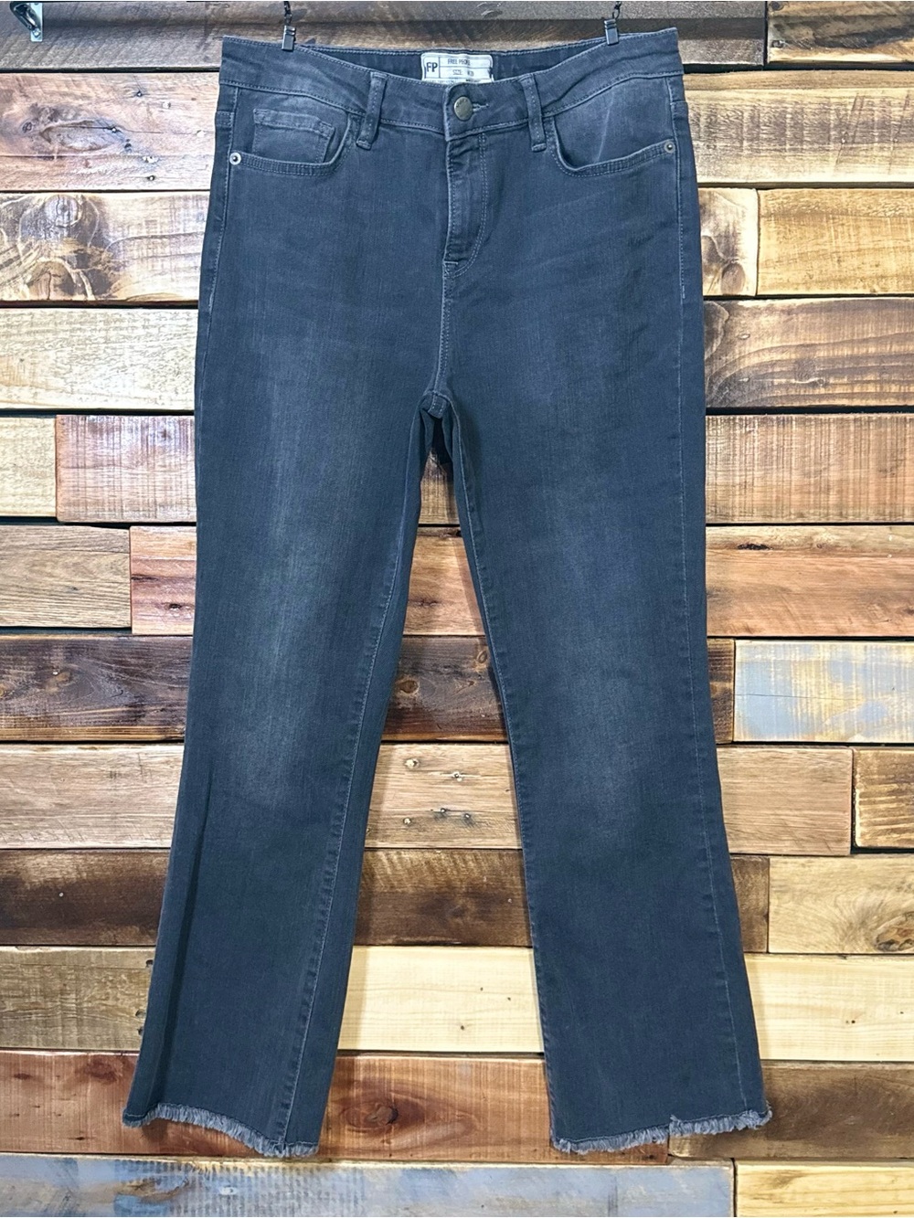 Free People High Rise Crop Straight Leg Fringe Hem Black Jeans 29 EUC